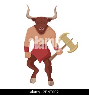 Minotaur avec hache de combat. Mythique grec de couleur puissante créature la moitié de taureau humain. Illustration de Vecteur