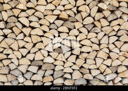 Pile de bois à couches précises provenant de différents bois de chauffage, matériaux de chauffage, reboisement durable Banque D'Images