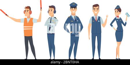 Pilotes. Avia compagnie personnes équipage pilotes hôtesse avion commandant des personnages vectoriels de l'aviation civile dans le style de dessin animé Illustration de Vecteur