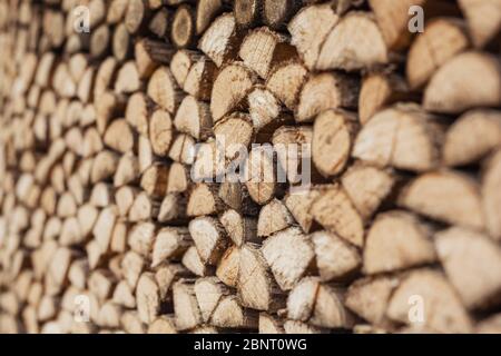 Pile de bois à couches précises provenant de différents bois de chauffage, matériaux de chauffage, reboisement durable Banque D'Images