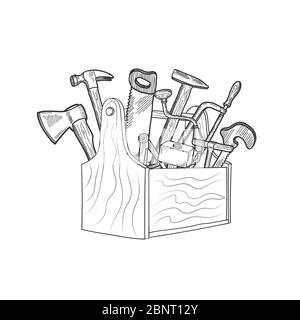 Équipement de menuiserie vectorisé à la main dans une illustration isolée de la boîte à outils en bois Illustration de Vecteur