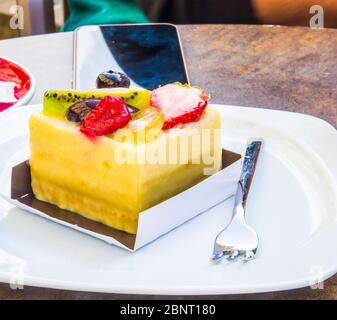 gâteau, cube de demi-freddo de fruits de la passion avec fraise, kiwi, raisin, prune, mûre et groseilles à maquereau Banque D'Images