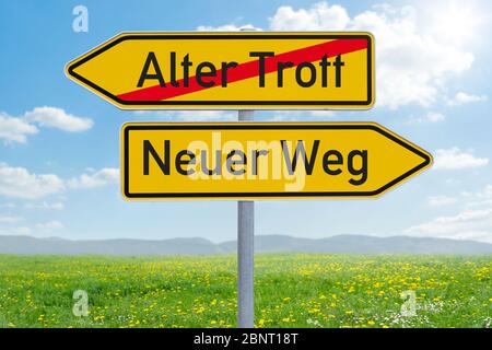Deux panneaux de direction - Old Way ou New Way - Alter Trott oder Neuer Weg (allemand) Banque D'Images