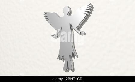 ange avec des ailes d'une perspective sur le mur. Une sculpture épaisse en matériaux métalliques de rendu 3D Banque D'Images