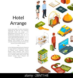 Fond des icônes d'hôtel isométrique Vector avec emplacement pour l'illustration de texte Illustration de Vecteur