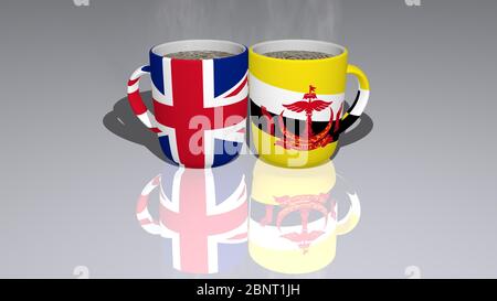 Le Royaume-Uni et Brunei montrent que les drapeaux nationaux sur les tasses de café sur le sol du miroir sont une image éditoriale et commerciale. Illustration 3D Banque D'Images