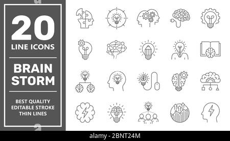 Jeu d'icônes de ligne de brainstorming. Cerveau, créativité, idée nouvelle. Contour modifiable. Illustration de Vecteur