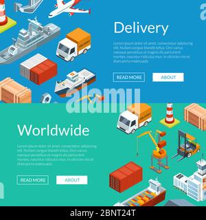 Illustration des modèles de bannière Web Vector Isomistric marine Logistics et Seaport Illustration de Vecteur