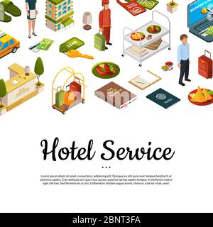 Fond des icônes d'hôtel isométrique Vector avec emplacement pour l'illustration de texte Illustration de Vecteur