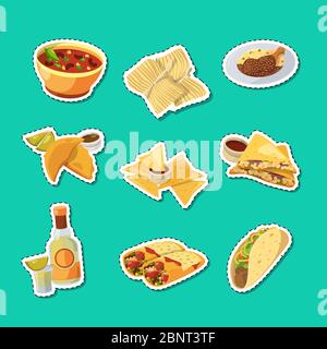 Illustration de la mise en place des autocollants d'aliments mexicains Vector caricature Illustration de Vecteur