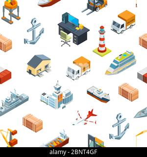 Illustration vectorielle isométrique de la logistique marine et du motif de port maritime ou de l'arrière-plan Illustration de Vecteur