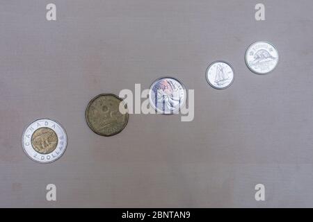 Rangée de pièces canadiennes argent sur table brune - pièces de cinq, dix, quatre, une huonie et une toonie ou deux dollars. Banque D'Images