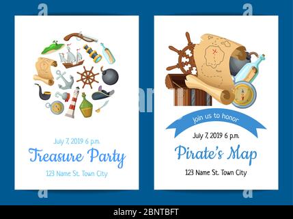Illustration du modèle d'invitation de la fête d'anniversaire de pirates de mer de dessin animé vectoriel Illustration de Vecteur