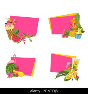 Vector plat éléments d'été mignons, cocktails, autocollants flamants Illustration de Vecteur
