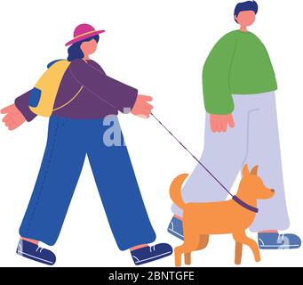 activités de personnes, couple marchant avec son chien mascotte dessin animé illustration vectorielle Illustration de Vecteur