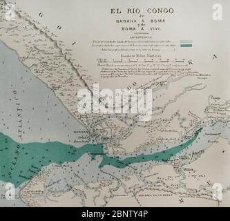 Historia de Afrique. Mapa del río Congo, de Banana a Boma y de Boma a Vivi. Détacher. El Congo y la Creación del Estado Independiente de este nombre. Historia de los Trabajos y Exploraciones Verificados, por Enrique M. Stanley. Editada en Barcelona, hacia 1890. Espagne.. Banque D'Images