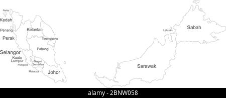 Carte des États fédéraux de Malaisie avec des étiquettes de nom sur fond blanc. Idéal pour les concepts d'entreprise, les arrière-plans, le fond, l'affiche, l'autocollant, la bannière, l'étiquette Illustration de Vecteur