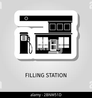 Icône d'autocollant noir de construction de station de remplissage Illustration de Vecteur