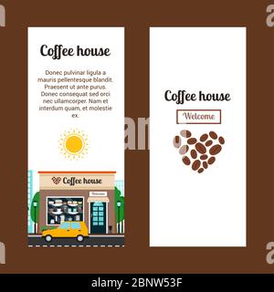 Prospectus verticaux de la maison de café avec bâtiment de magasin et paysage, illustration vectorielle Illustration de Vecteur