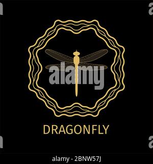 Étiquette avec libellule dans cadre de calligraphie sur fond sombre. Illustration vectorielle Illustration de Vecteur