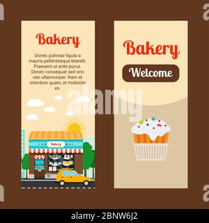 Circulaire verticale de boulangerie avec bâtiment de magasin et paysage, illustration vectorielle Illustration de Vecteur