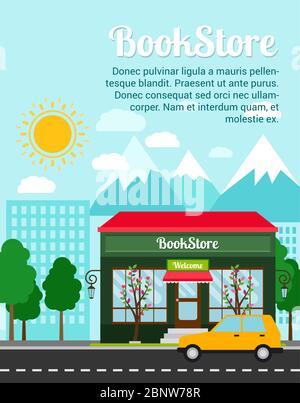 Bannière publicitaire de librairie avec bâtiment de boutique et paysage, illustration vectorielle Illustration de Vecteur