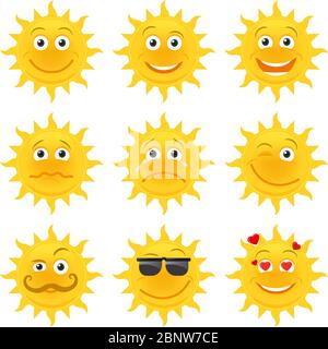 Émoticônes solaires. Collection de dessins animés Vector Smiling Sun Illustration de Vecteur