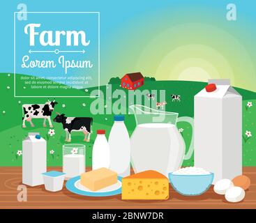 Produits laitiers de ferme sur le paysage rural avec illustration vectorielle de vaches Illustration de Vecteur