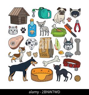 Animaux de compagnie vectoriels dessinés à la main. Icônes colorées pour chats et chiens Illustration de Vecteur