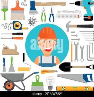 Homme travailleur avec équipement de sécurité, outils de travail et de construction icônes de bande dessinée. Illustration vectorielle Illustration de Vecteur