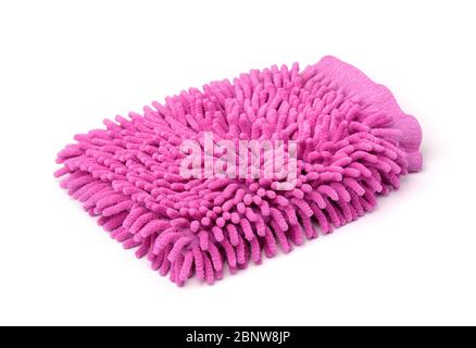 gant de toilette en microfibre rose isolé sur blanc Banque D'Images