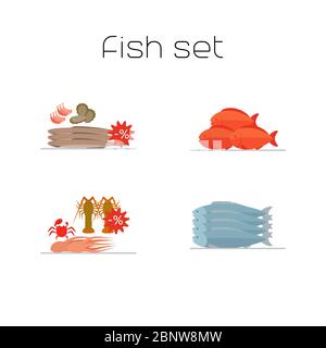 Les aliments marché poissons plat icônes ensemble. Illustration vectorielle Illustration de Vecteur