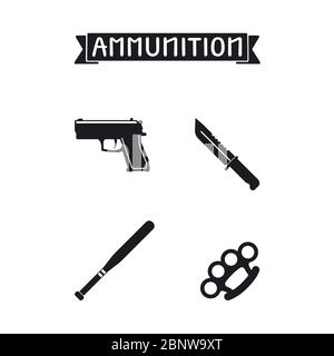 Icônes de munitions définies. Illustration vectorielle de la batoon du canon et du couteau, du porte-fusée et du plumeau Illustration de Vecteur