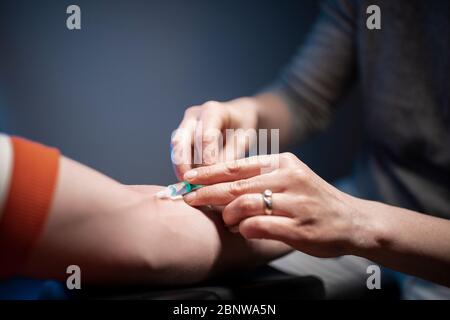 Une infirmière insère une seringue dans le vaine d'un patient. Banque D'Images