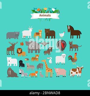Icônes vectorielles plates animaux sur fond vert Illustration de Vecteur