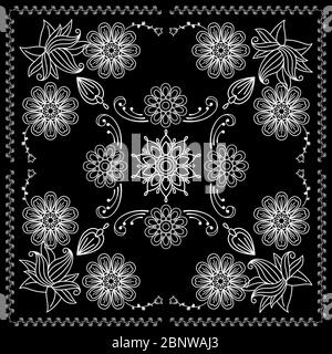 Imprimé Bandana noir et blanc avec éléments style Henna. Illustration vectorielle Illustration de Vecteur