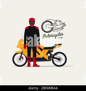 Moto avec motard dans un style plat avec logotype silhouette, illustration vectorielle Illustration de Vecteur