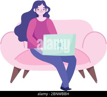 travaillant à distance, jeune femme assise sur un canapé avec illustration vectorielle pour ordinateur portable Illustration de Vecteur
