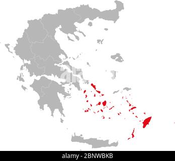 Province de la mer égée du Sud mise en évidence de couleur rouge sur le vecteur de carte de la grèce. Fond gris. Illustration de Vecteur