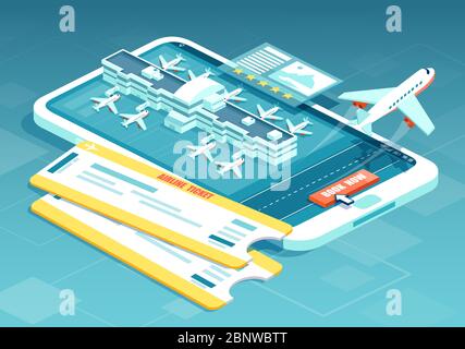 Réservation de billets d'avion en ligne concept. Vecteur d'un voyage, vols professionnels avec carte d'embarquement, terminaux d'aéroport et décollage d'avion Illustration de Vecteur