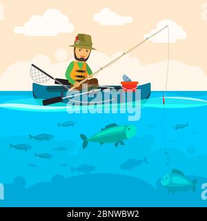 Illustration d'un vecteur de pêcheur sur un bateau. Homme pêche à la rivière, beaucoup de poissons dans l'eau et des nuages dans le ciel Illustration de Vecteur