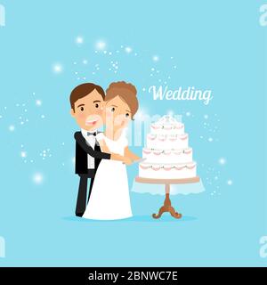 Mariée et marié avec gâteau de mariage. Illustration vectorielle Illustration de Vecteur