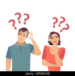 Vecteur d'un jeune couple confus femme et homme pensant avoir beaucoup de questions Illustration de Vecteur