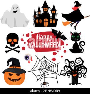 Éléments de bannière joyeux halloween. Icônes d'halloween vectorielles effrayantes isolées sur fond blanc Illustration de Vecteur