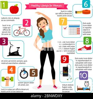 Femmes vie saine infographiques. Alimentation, sport coeur, vie positive est bonne fille illustration vecteur Illustration de Vecteur