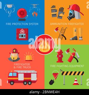 Inventaire de lutte contre l'incendie et concepts de sauvetage en cas d'incendie. Illustration vectorielle de sécurité incendie pour les entreprises et les maisons Illustration de Vecteur