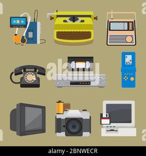 Icônes de gadgets rétro. Lecteur de cassettes portable et vieux pc, manette de jeu vintage et illustration vectorielle de l'ancien appareil photo Illustration de Vecteur