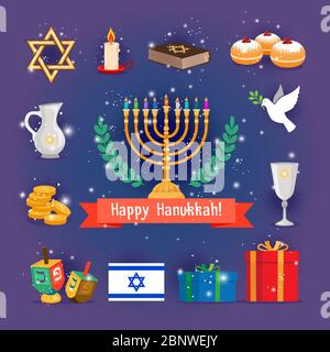 Fêtes juives icônes hanoukkah ou chanukah avec bougies de menorah. Illustration vectorielle Illustration de Vecteur