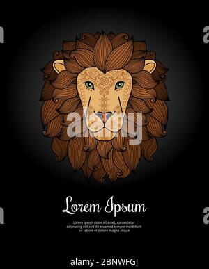 Modèle de carte de tête de lion sur fond sombre avec texte. Illustration vectorielle Illustration de Vecteur