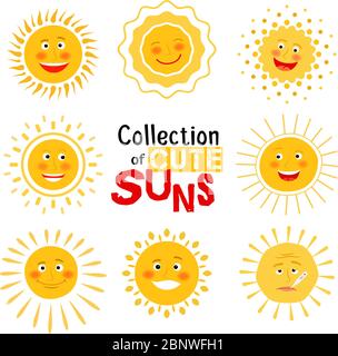 Soleil jaunes avec collection sourire heureux sur fond blanc. Illustration vectorielle Illustration de Vecteur